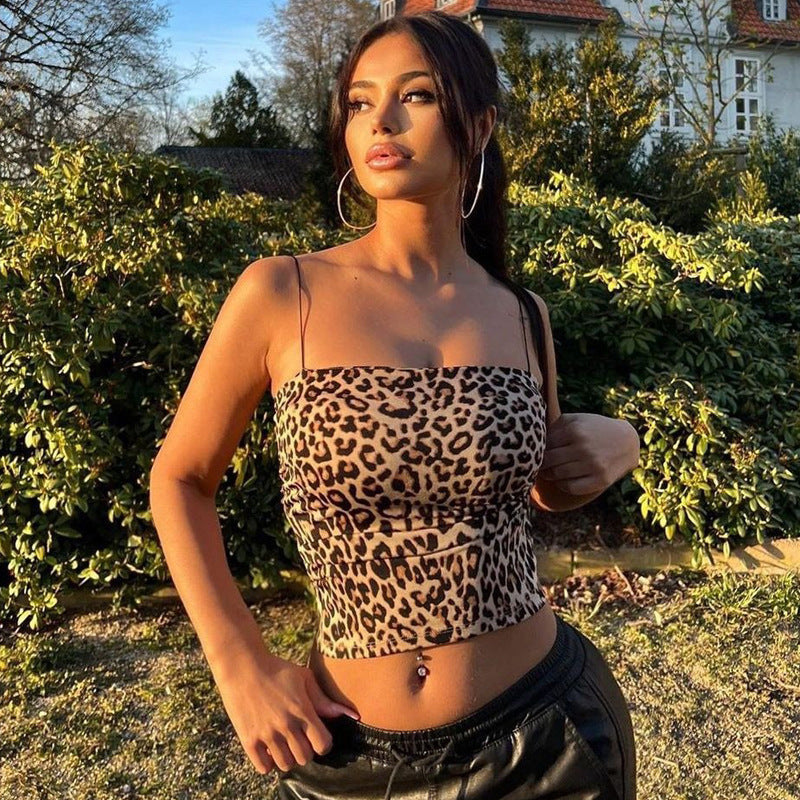 Sexy belly-baring camisole, leopard print tube top